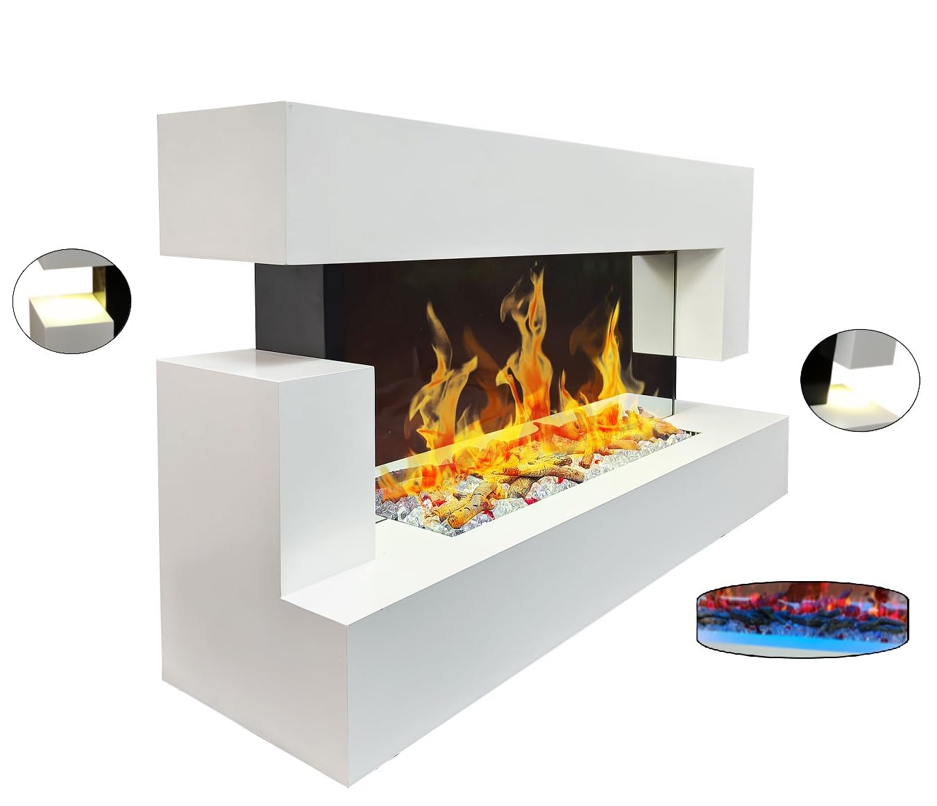 CHEMIN'ARTE Camino elettrico LED da parete Quarzt 120 cm - Bianco - Effetto fiamma LED - Telecomando, Caminetto con Timer e Controllo Automatico di Temperatura