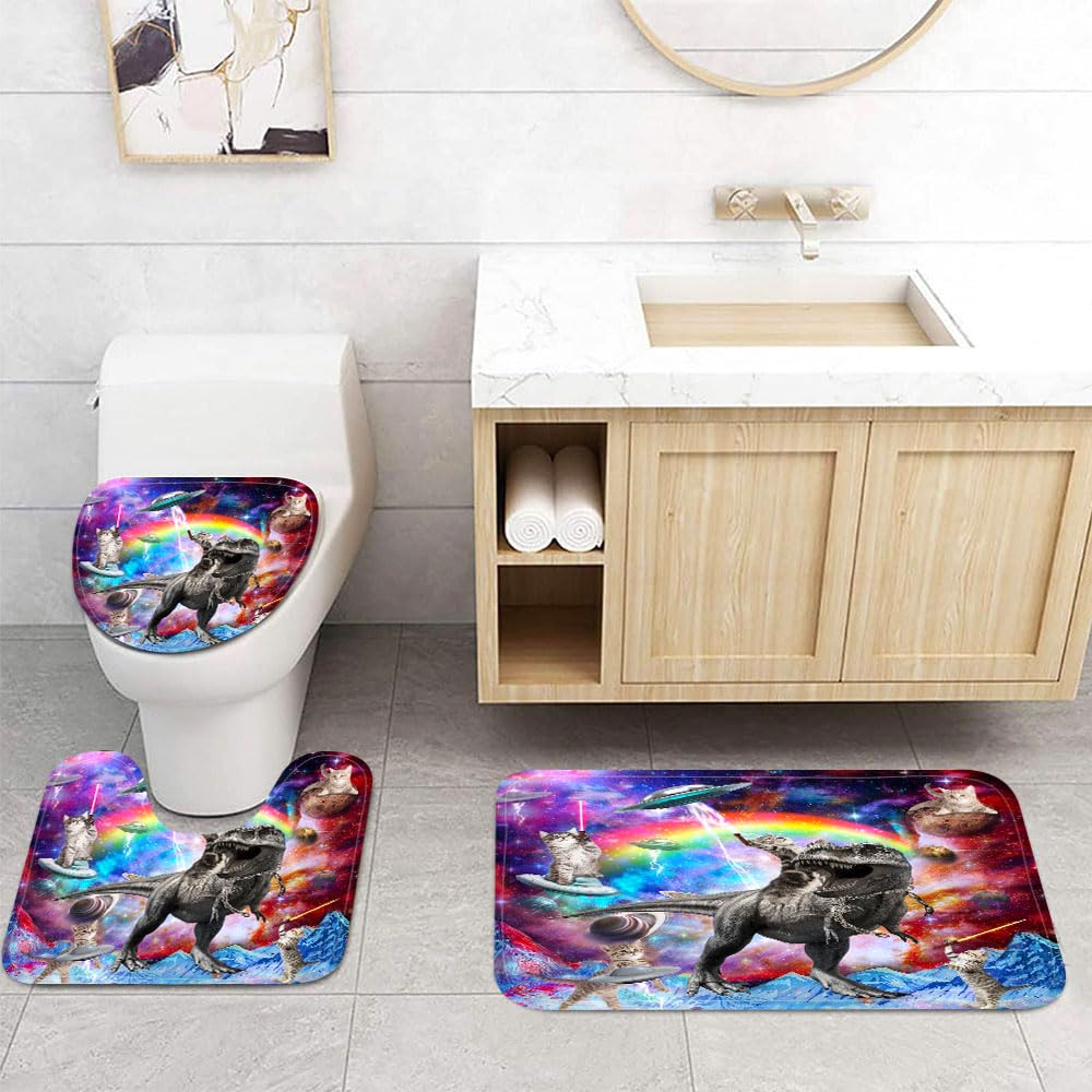 Xiaoput Funny Cat Bath Mat Set 3 Piece, Cat Riding Dinosaur Soft Bathroom Rugs, Fun Galaxy Hilarious Kids Bath Mat, Funny Outer Space Universe Contour