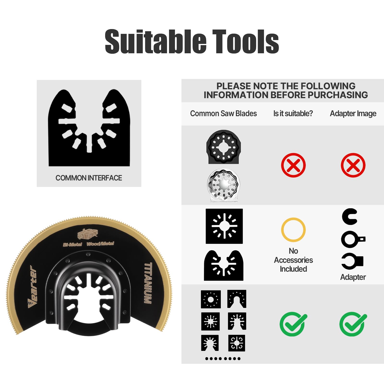 Vearter 3PCS Bimetal Multi Tool Blade Titanium, 88mm Semi Circle Universal Multitool Blades Curved Edge - Image 2