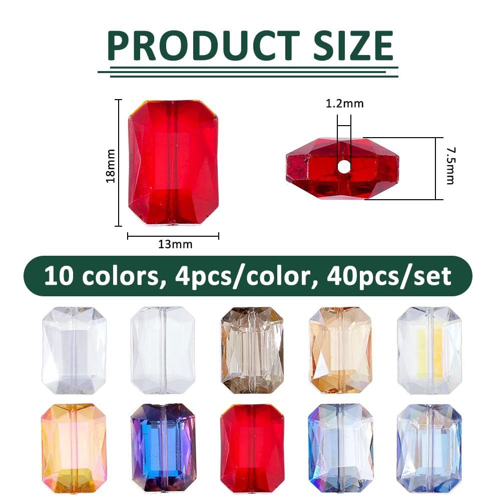 SUPERFINDINGS 40 cuentas rectangulares de cristal transparentes coloridas para manualidades, joyería, pulseras, collares, aretes, manualidades, 18 x 13 x 7,5 mm