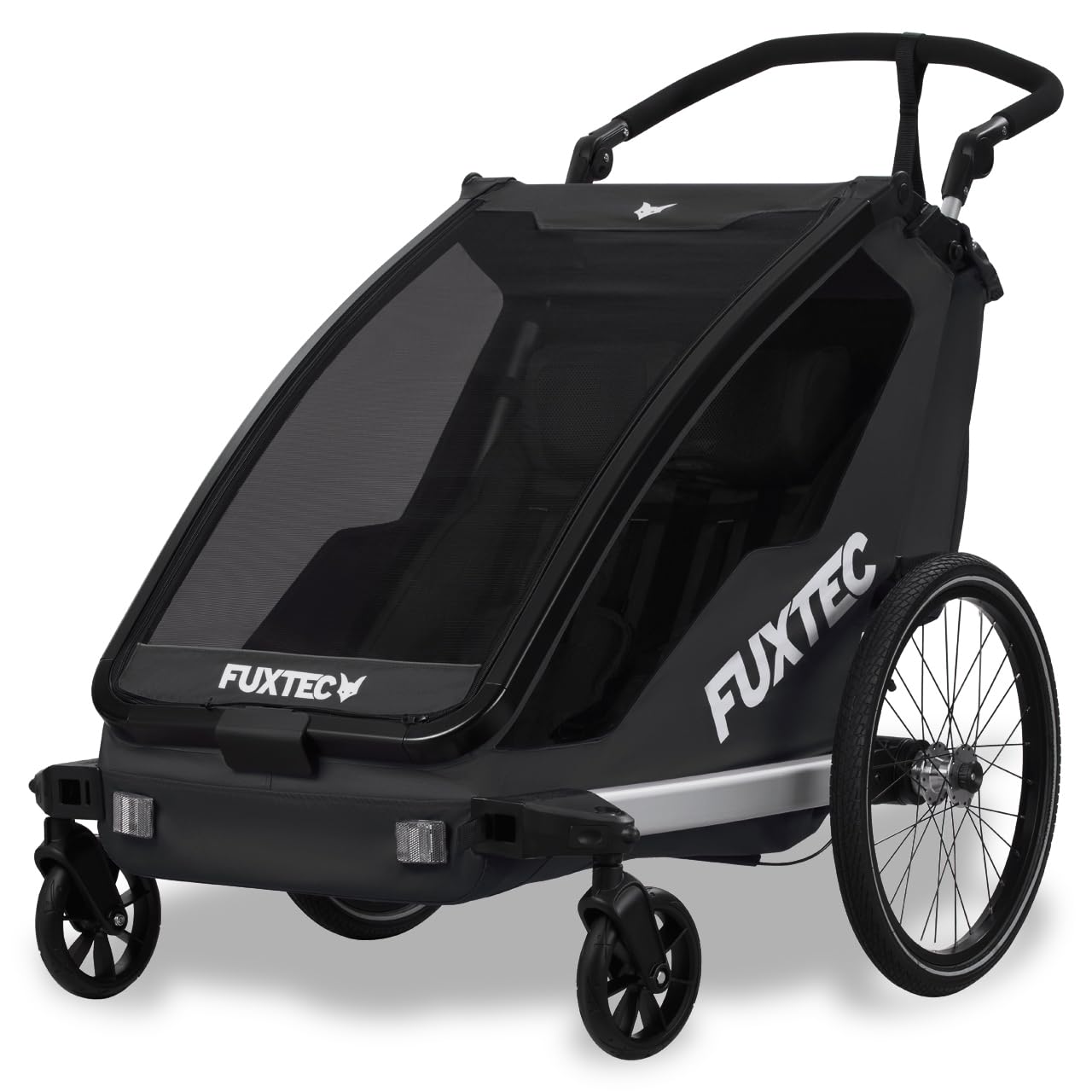 Fuxtec Sport Cruiser 2-en-1 Remorque Vélo, Buggy, Jogger Noir pour 2 Enfants en Aluminium - Pliable avec Protection Pluie et Soleil
