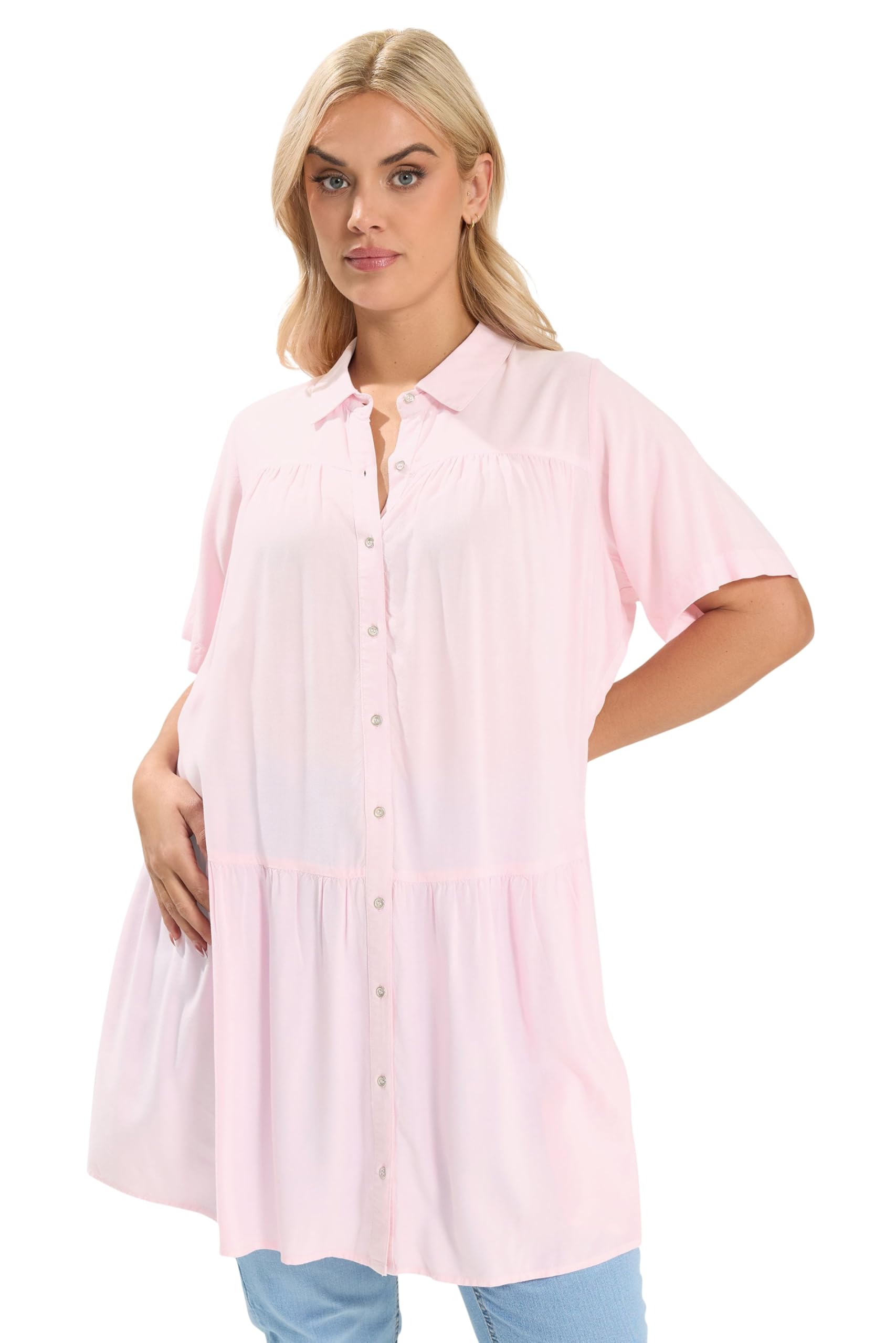 Yours Curve Pink Chambray Tiered Smock Shirt - Women's - Plus Size Curve