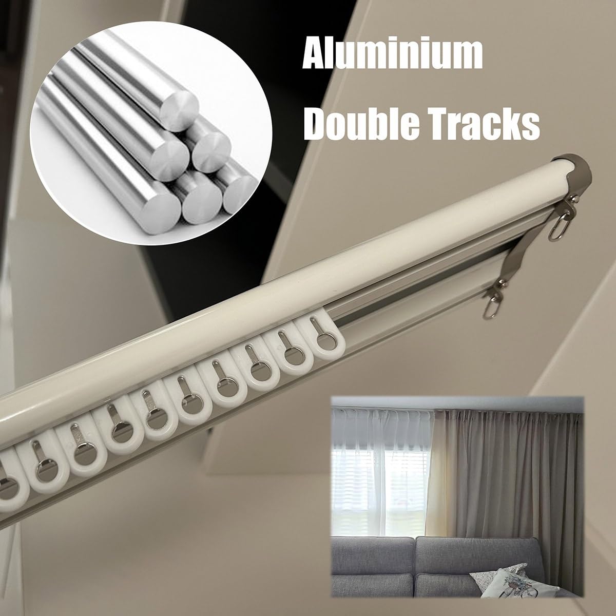 Cichy dwutorowy system szyn sufitowych, aluminiowy system szyn z rolkami, biały osprzęt do drzwi przesuwnych do stodoły, do sypialni, łazienki, szafy, kampera, przegrody pokoju