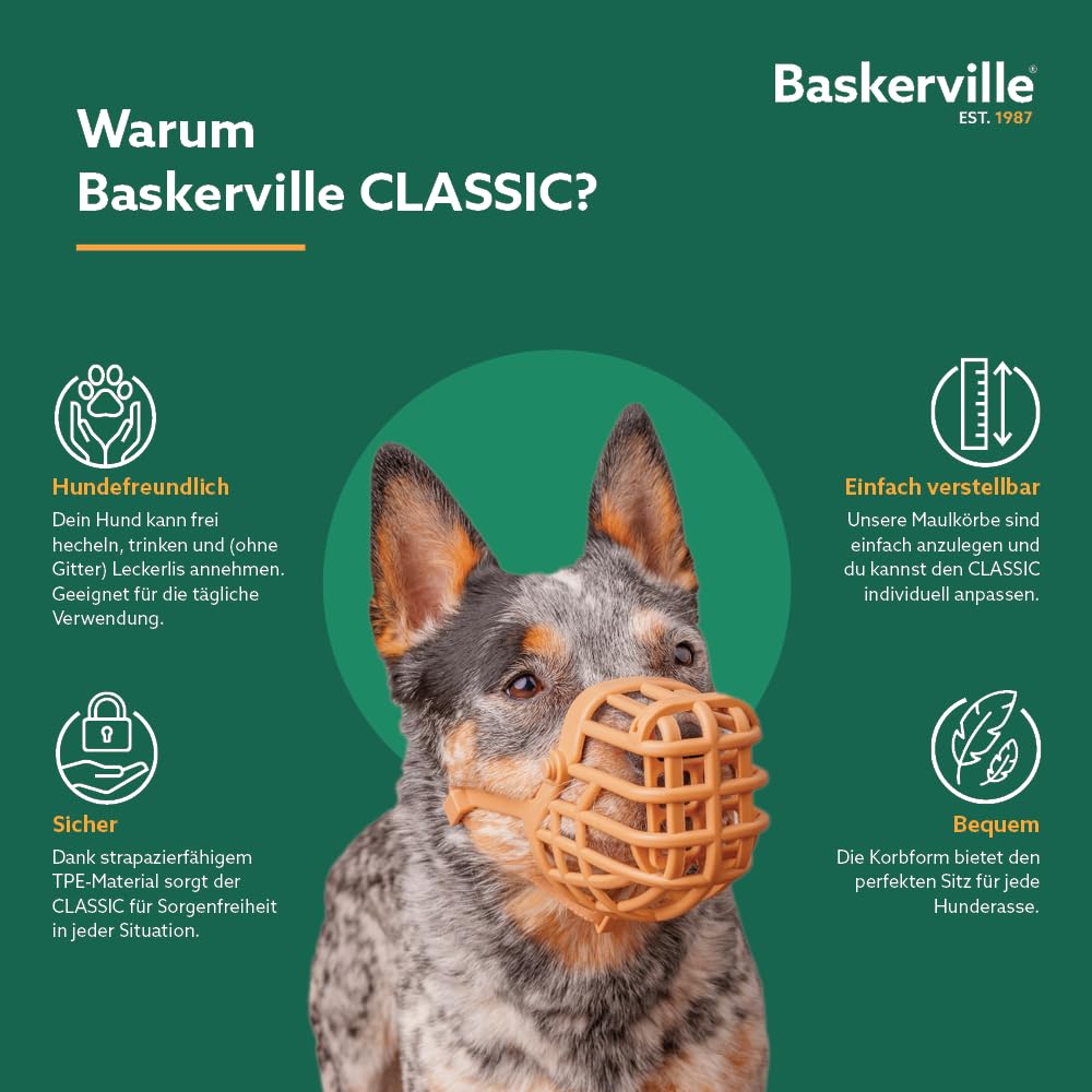 Baskerville Classic Maulkorb - Gestattet Hecheln und Trinken, verhindert Beißen und Stöbern nach Essen, passend für Hunde mit langen Nasen, Trainingsmaulkorb für mittelgroße Hunde (Größe 4)