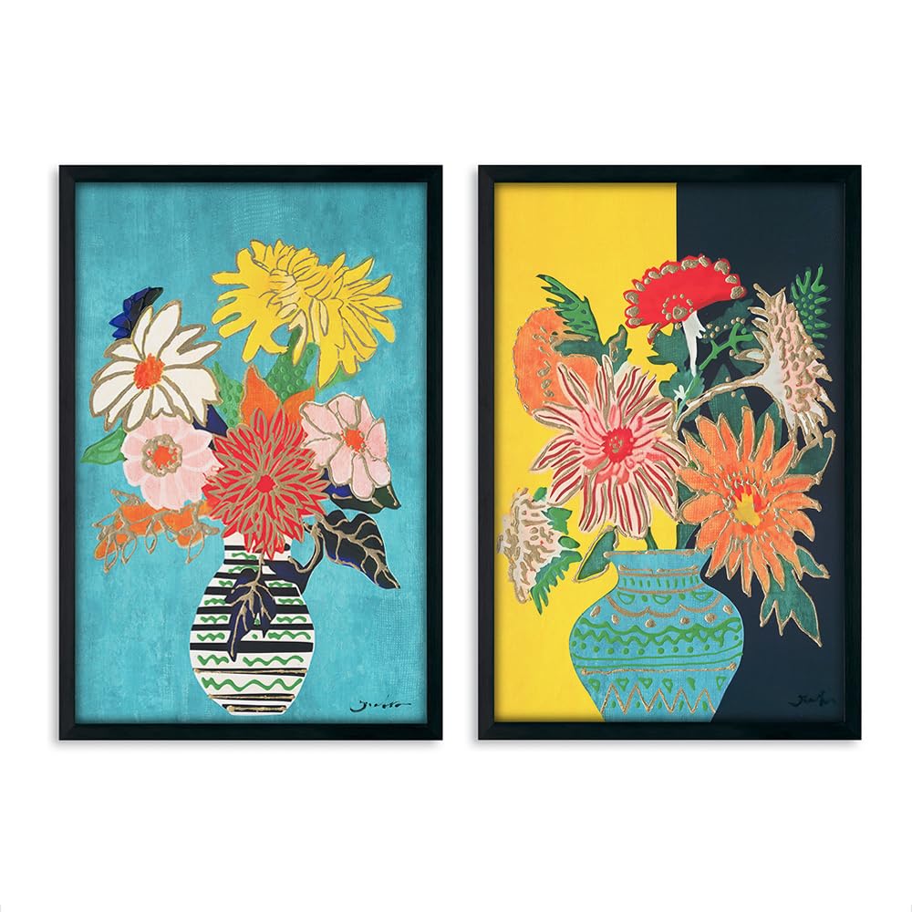 Yidepot Yellow Black Flowers Wall Decor - Vase Flower Boho Vintage Flower Pictures Fake Black Frame Colorful Art Work for Bedroom Walls 16"x24"x2 -