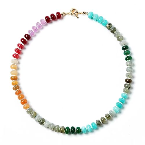 Zissunbeam Bead Gemstone Choker Necklace for Women,Colorful Natural Stone Beaded Statement Boho Beach Necklace Jewelry for Women, Rainbow Stone Charm Trendy Necklaces