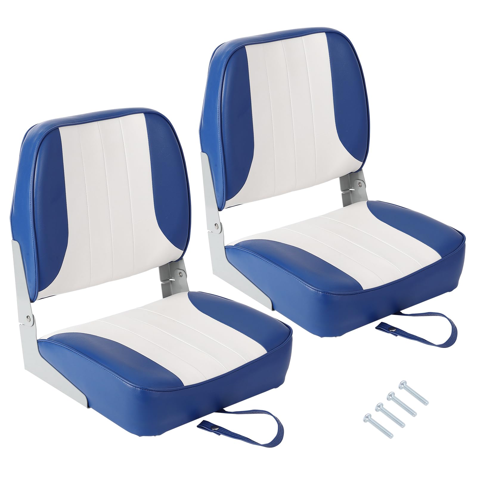 Set of 2 Foldable Boat Chairs, Fold-Down Low Back Captain Boat Seats with Thick Sponge Padding, Fixing Strap, Ergonomic Fishing Seating for Fishing Boat Yachts