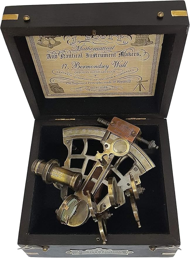 Brass Nautical Maritime Sextant for Office & Home Decor Rustic Vintage Sextant with Wooden Box 5" Inch