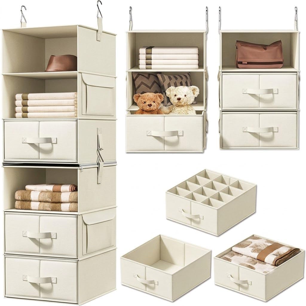 SiLong SiLJIATING Hanging Closet Organizer with Drawers, Separable 6-Shelf Hanging Shelves for Clothes Storage, Beige White