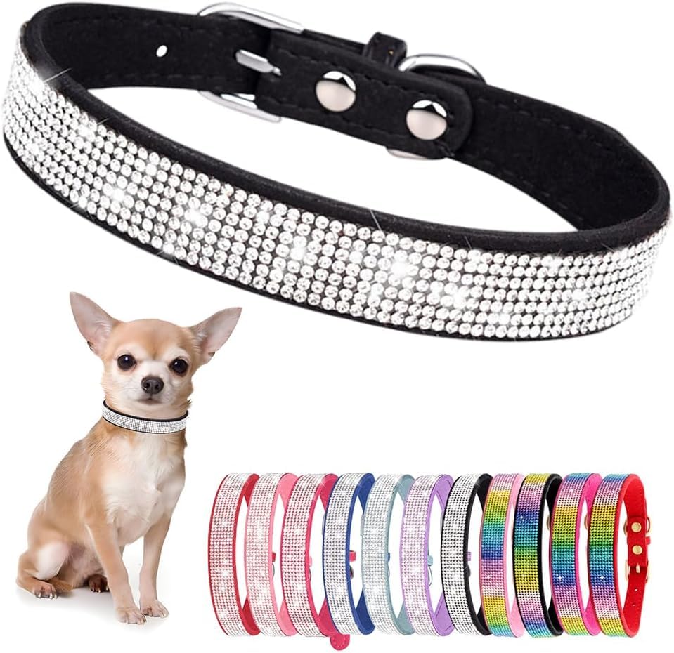 Serijoars Small Dog Collar with Rhinestone Crystal Diamond Colorful Bling Girl Puppy Cat Collars (S, Black)