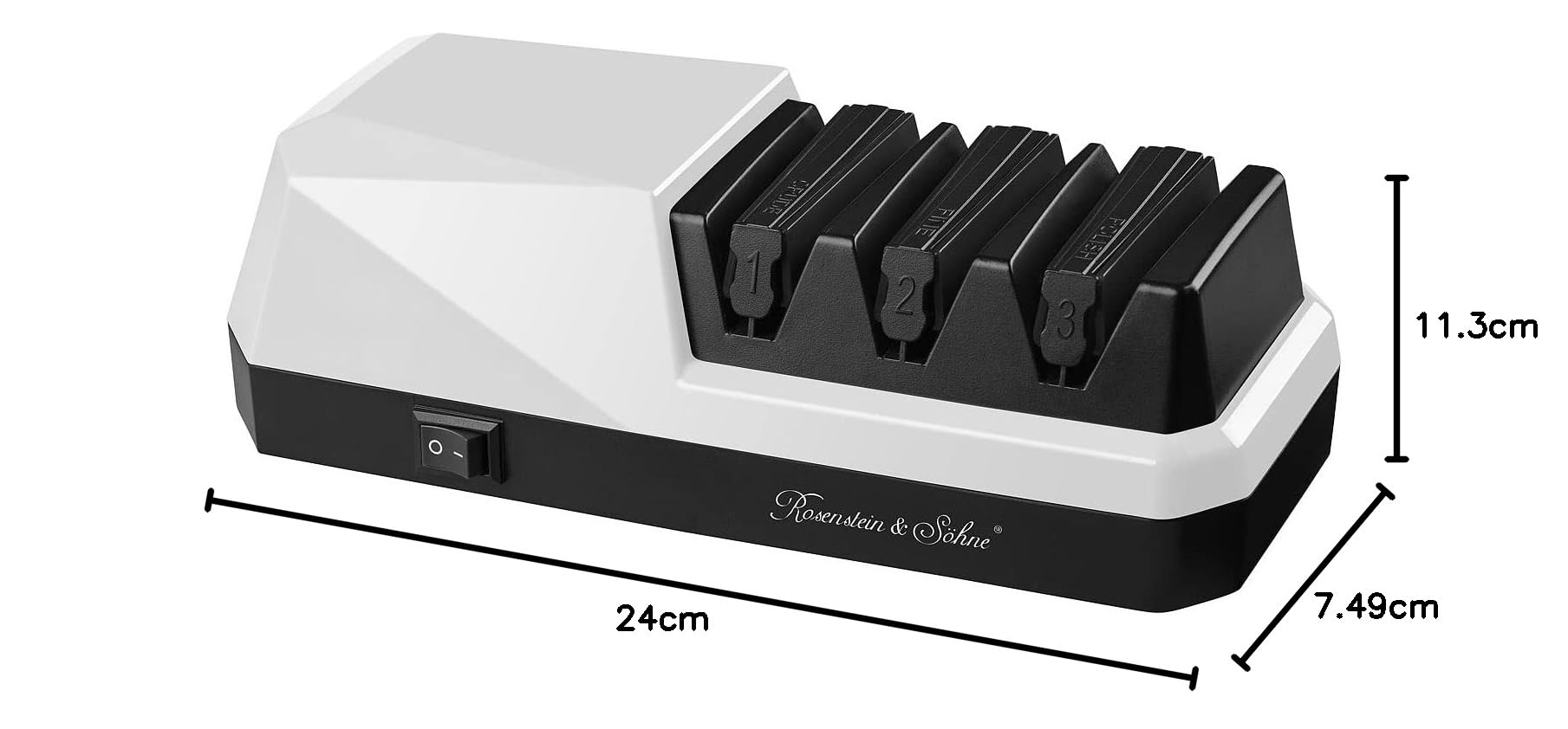 Rosenstein & Söhne Messerschleifen: Elektrischer Diamant- & Keramik-Messerschärfer mit 3 Stufen, 20 W (Messer-Schleifer, Messerschärfer für Stahlmesser, elektrisch)