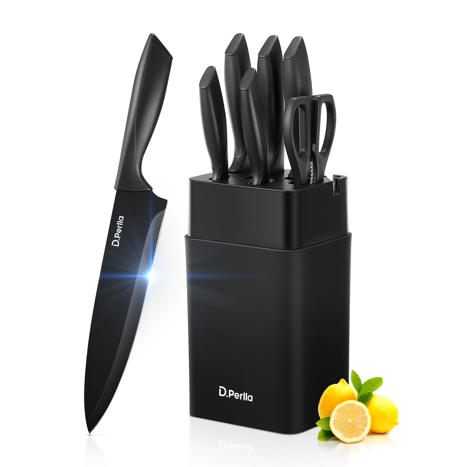Knife Set D Perlla 8-Piece Knives Set with Built-in Sharpener Dishwasher Safe Non-stick Non Rust Black Coating Stainless