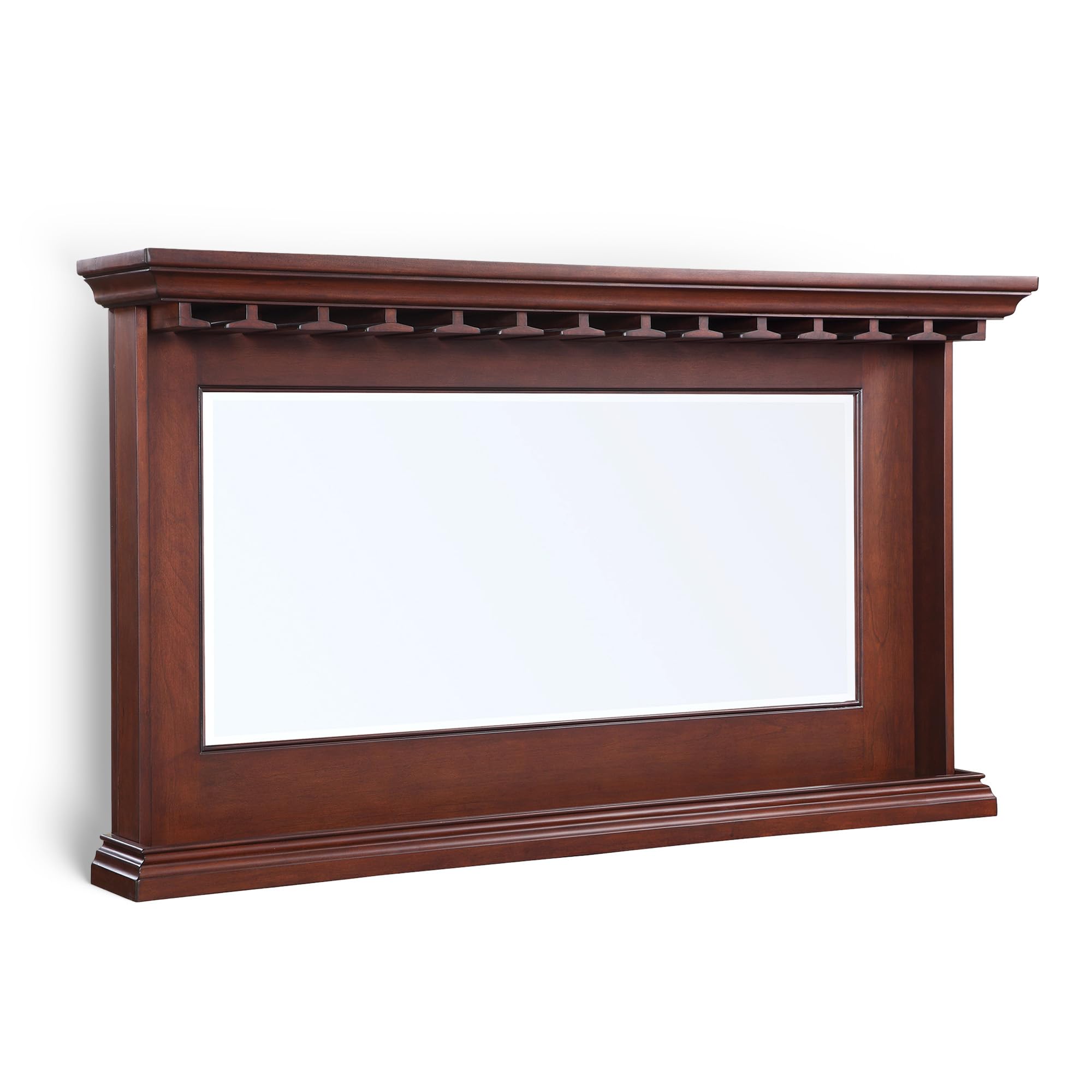 Hathaway Seville Back Bar Mirror - 62" x 35.5" Beveled Wall Mirror with Shelf & Built-In Stemware Holder, Solid Wood Frame in Walnut Finish – Elegant Wall-Mounted Design for Bars and Dining Rooms