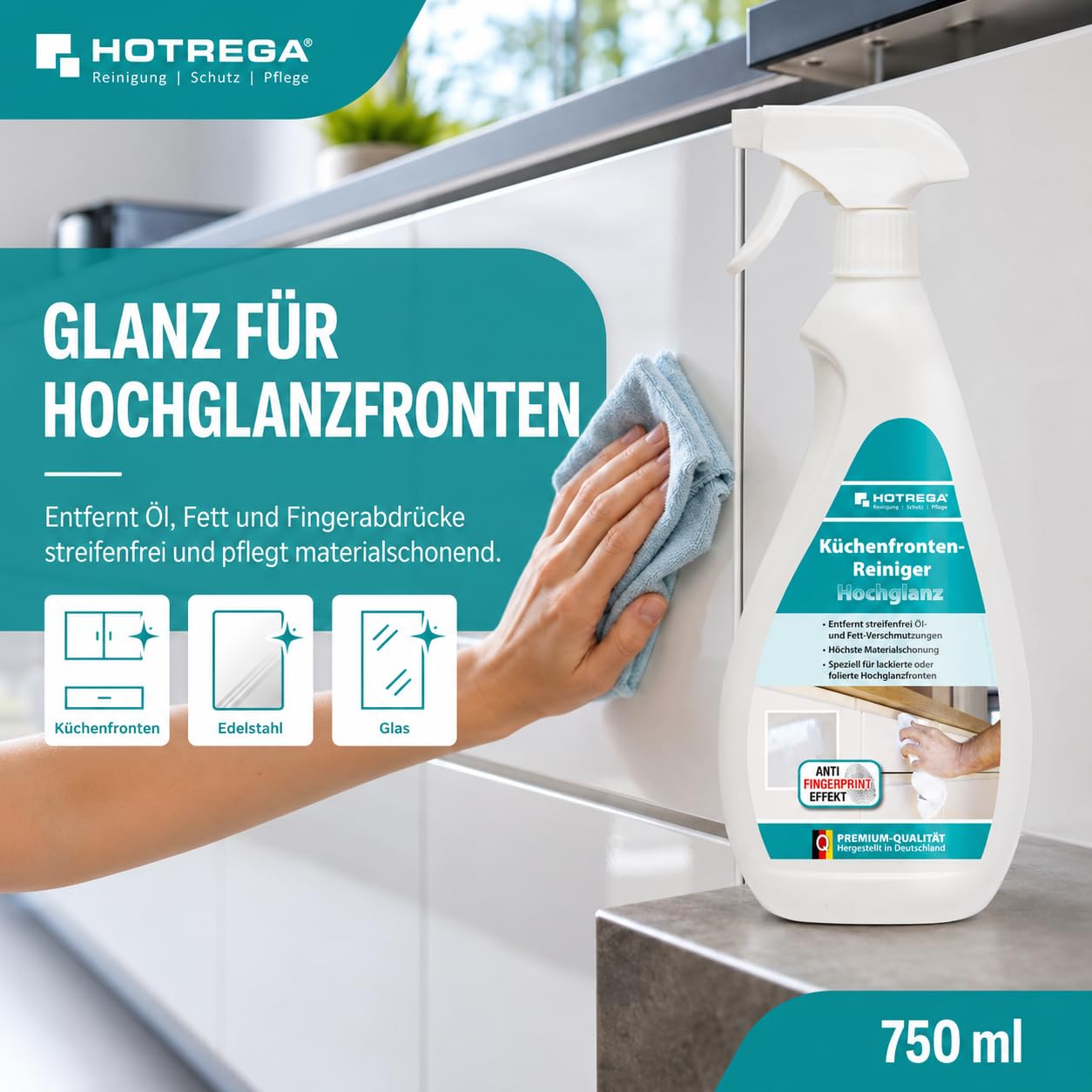 HOTREGA Küchenfronten Reiniger Hochglanz 2250 ml | Fettlösend & | pH-neutrale Pflege für Lack & Folien | Anti-Fingerprint-Effekt | Schutz vor Staub, Öl, Schlieren & Kratzern | 3x 750 ml