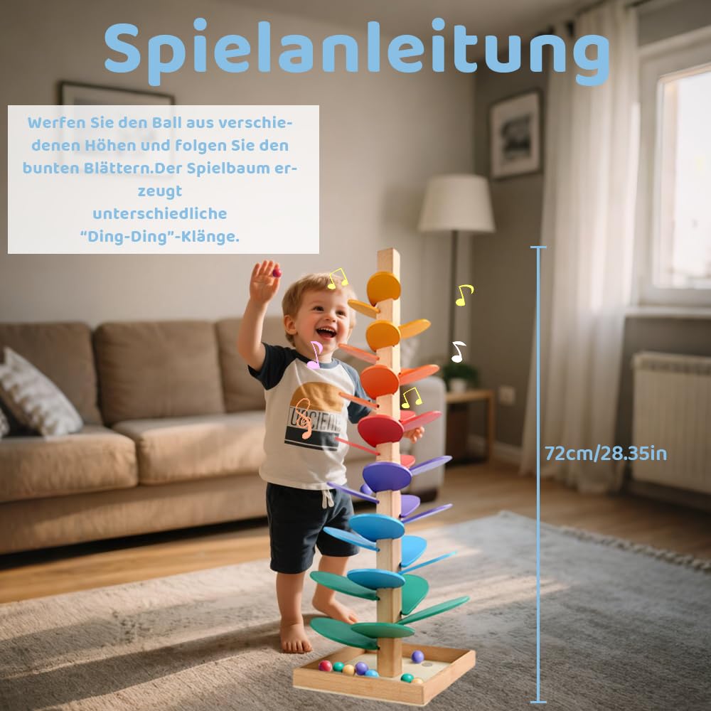 Kugelbahn Holz, 30 Regenbogen Kugelbahn Motorikspielzeug, Musikbaumspielzeug, klangbaum Holz, Montessori Spielzeug Ab 3 Jahre mit 10 Regenbogenbälle, 6 Bunte Ebenen Für Mädchen Junge