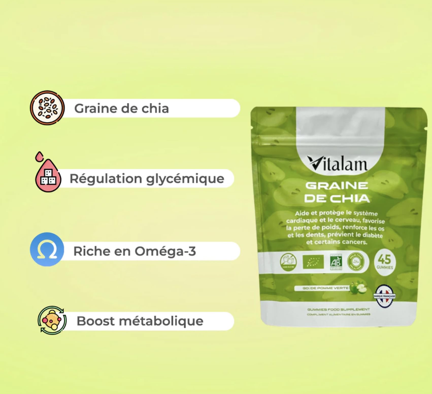 Gummies Graine de chia en sachet, Gummies Chia Minceur & Perte de Poids et de Tour de taille, Source de protéines, fibres et OMEGA 3, Complément alimentaire, Sans Sucre, 45 gummies, Goût Pomme