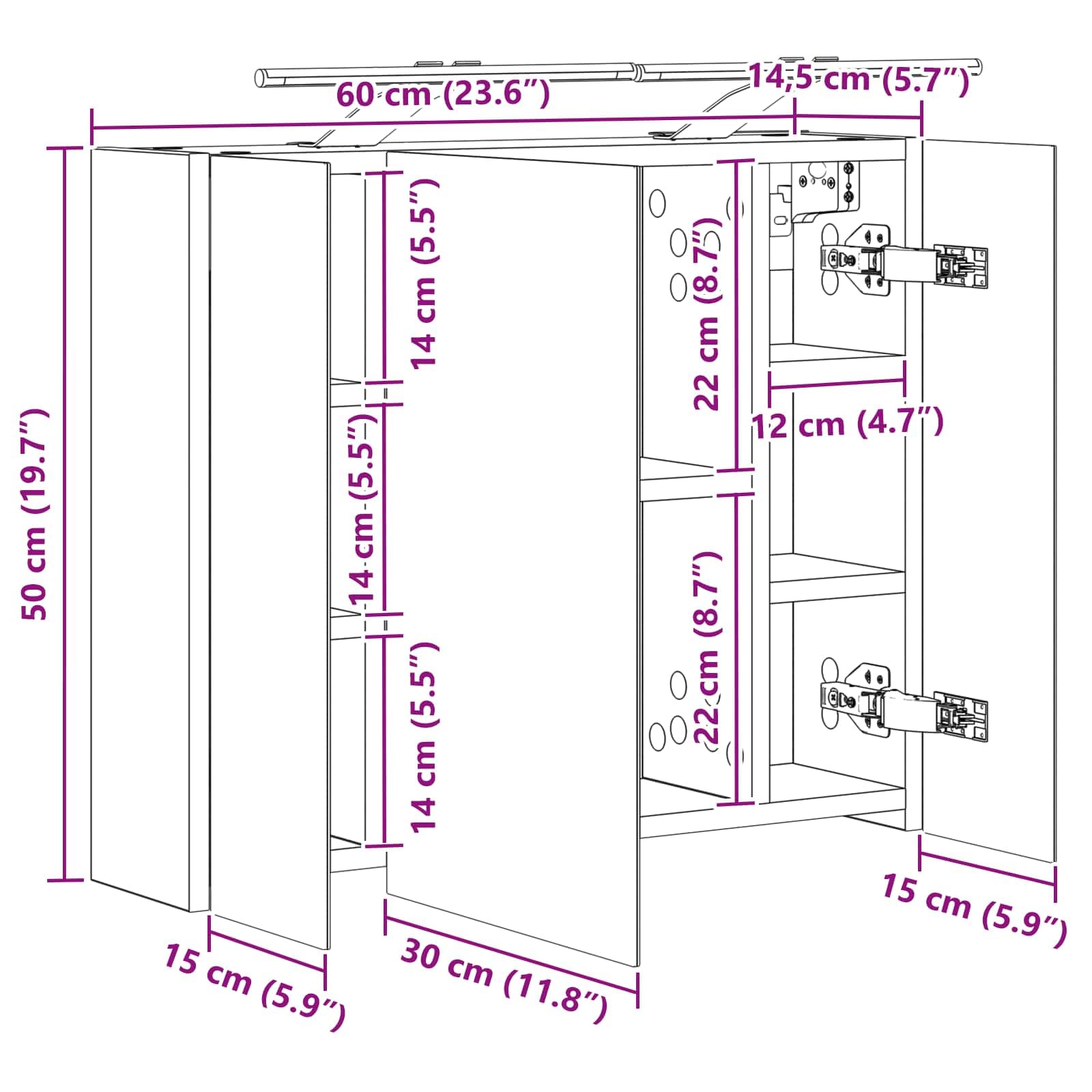 Szafka łazienkowa z lustrem, dąb wędzony, 60 x 14,5 x 50 cm z paskami LED, dwustronnym lustrem, montaż na ścianie i schowek do łazienki, umywalki, WC, przechowywania