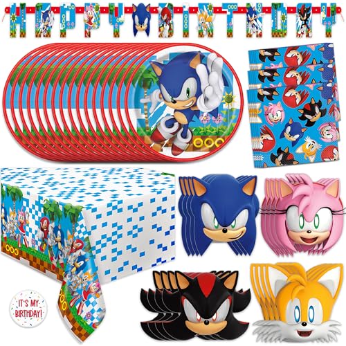 Sonic Birthday Party Decorations for 16 | Banner, Tablecloth, Plates and Napkins, Masks, Sticker | Sonic Party Decorations | Officially Licensed