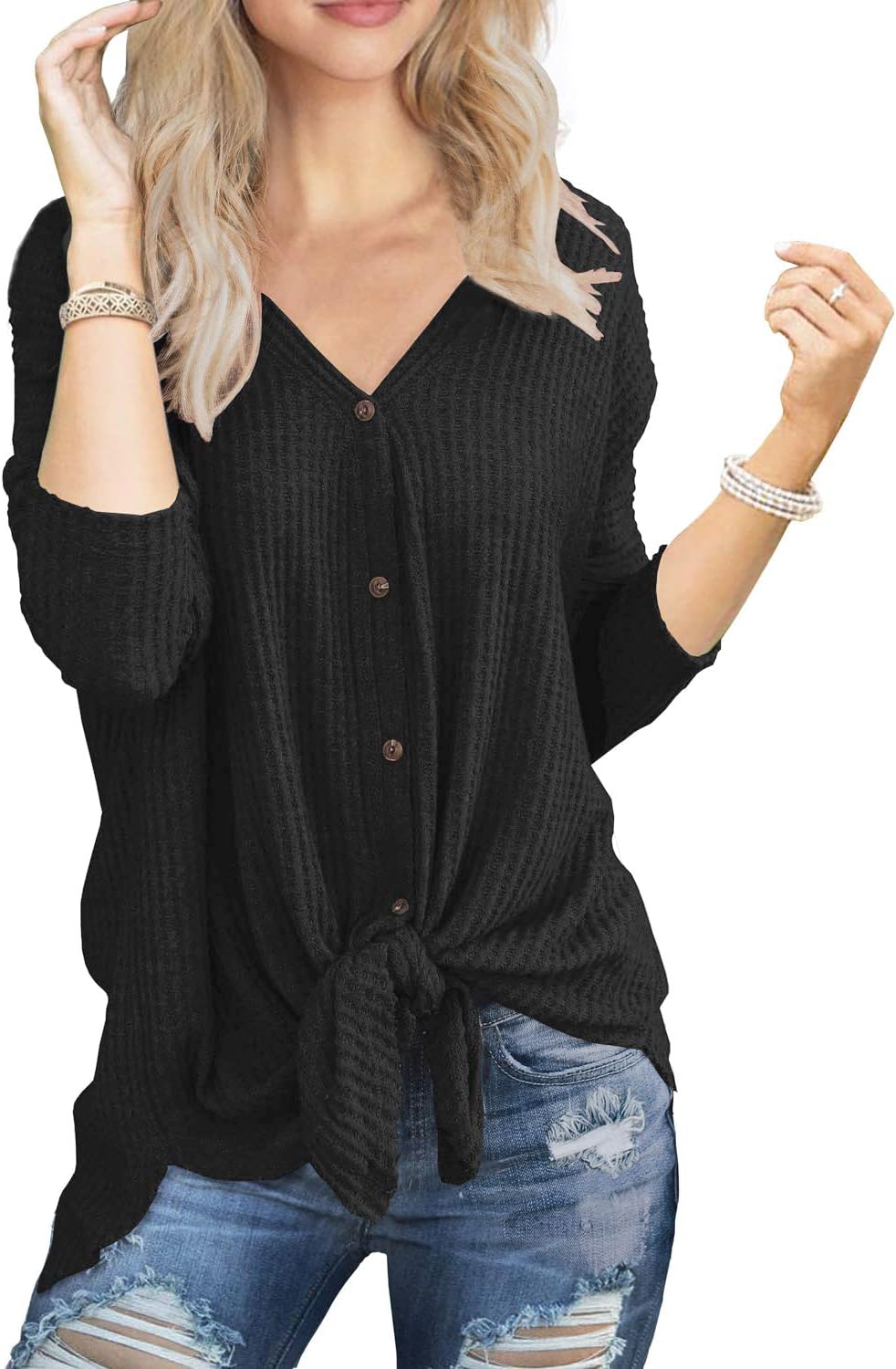 IWOLLENCEWomen's Waffle Knit Tunic Blouse Tie Knot Henley Tops Loose Fitting Bat Wing Plain Shirts