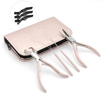 Chocho Professional Hair Extension Tools Stainless Steel Beading Kit Micro link Bead Closer and Remover Pliers set I-Link Micro Ring Loop Needle Pulling Hook Hair Clips for styling Tea Pink
