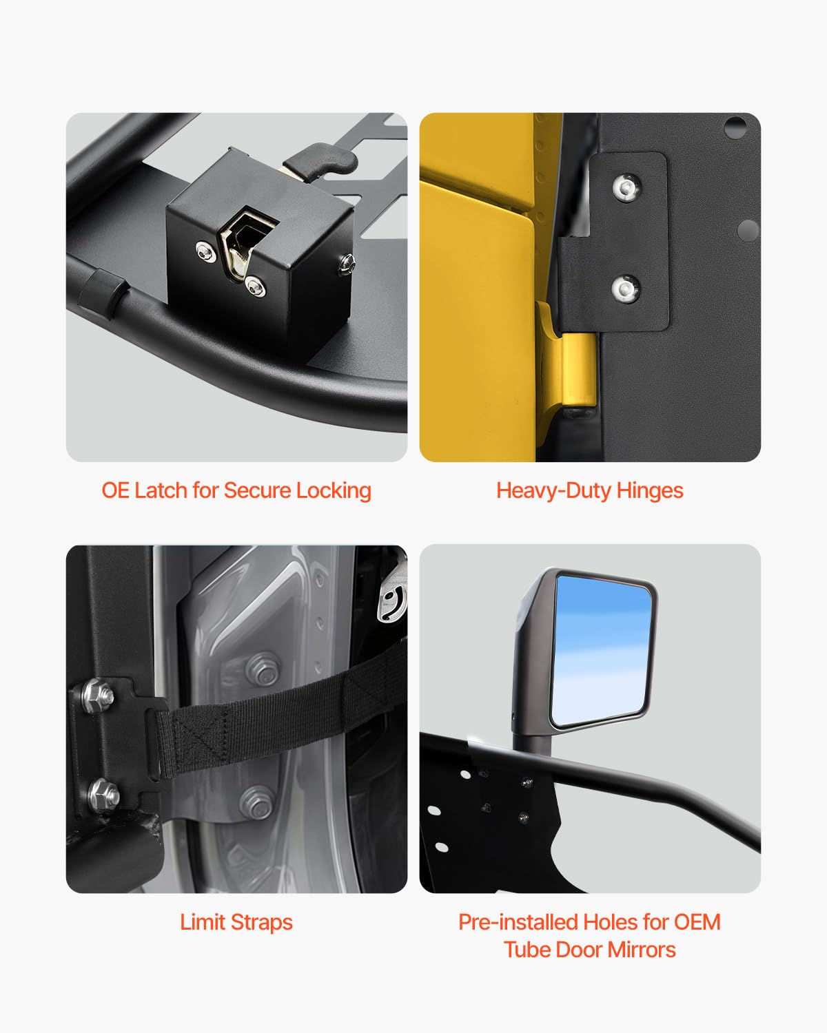 VEVOR Tube porte pour Jeep, 4 portes, porte tubulaire pour Jeep de style chasse avec rétroviseurs certifiés DOT, avec coussinets en caoutchouc et tube en acier trempé, pour Jeep Wrangler JK 2007-2018