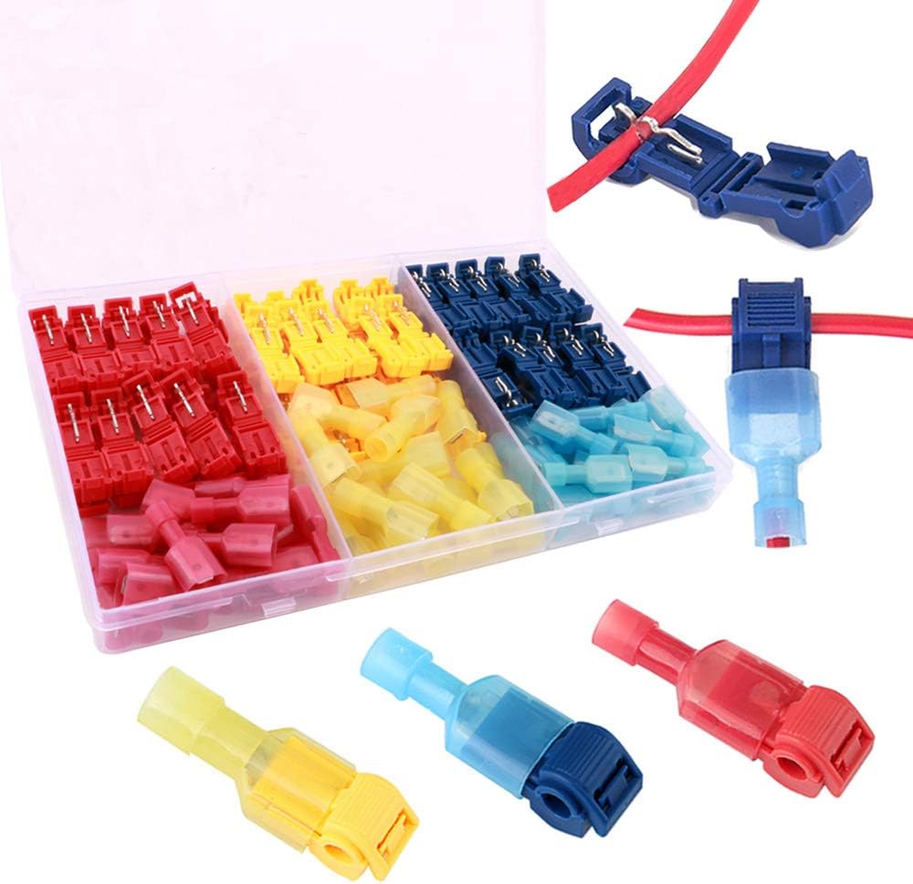 110Pcs (55 Pairs) Premium T-Tap Wire Terminals Kit, T-Tap Self-Stripping Wire Connectors with Nylon Fully Insulated Male Quick Disconnect (Red 40Pcs, Blue 40Pcs, Yellow 30Pcs)