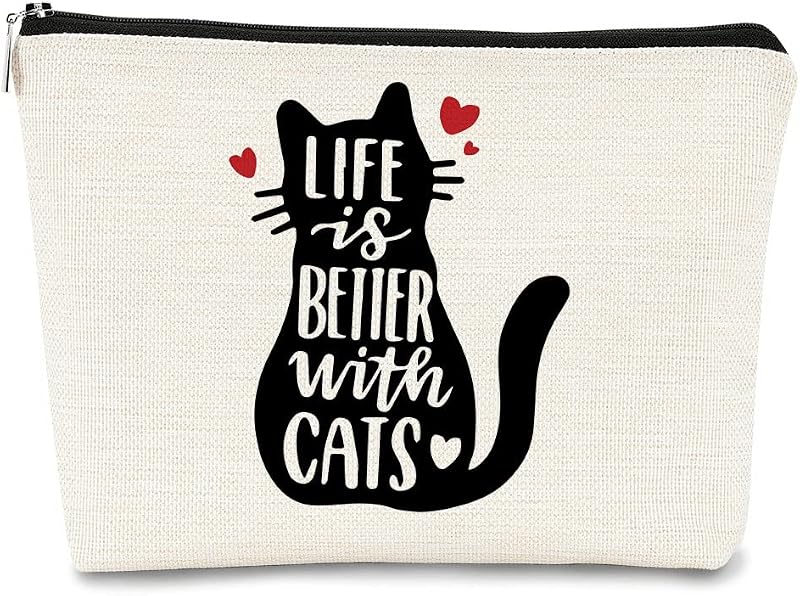 Necessaire de maquiagem BARPERY Cat 18 com estampa de letras, zíper e tecido de linho