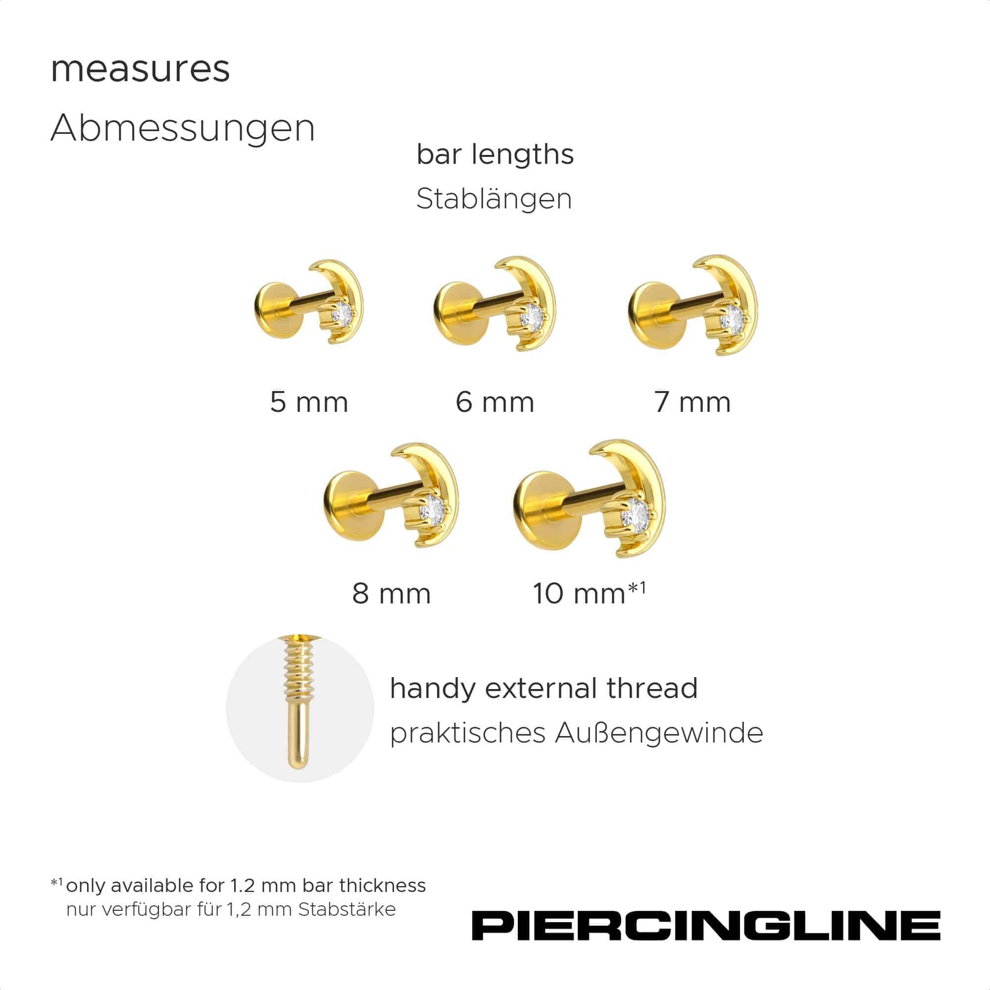 PIERCINGLINE Piercing Stecker Titan Labret mit Innengewinde + 925er Silber Aufsatz MOISSANIT + MOND - Goldfarben, Silberfarben
