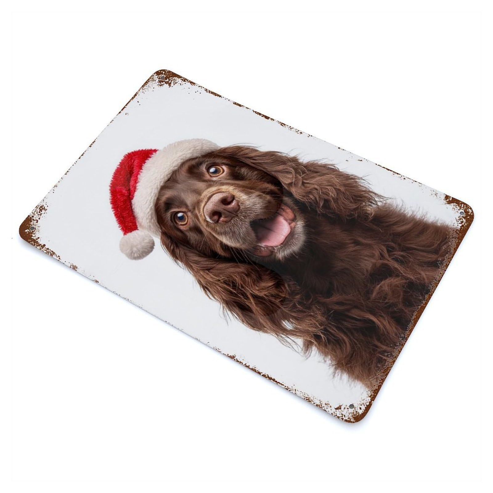 Retro Metal Sign with Sussex Spaniel Dog with Santa Hat Design 11.8"x7.9", for Living Room, Hallway And Home Decor, Farmhouse Wall Decor