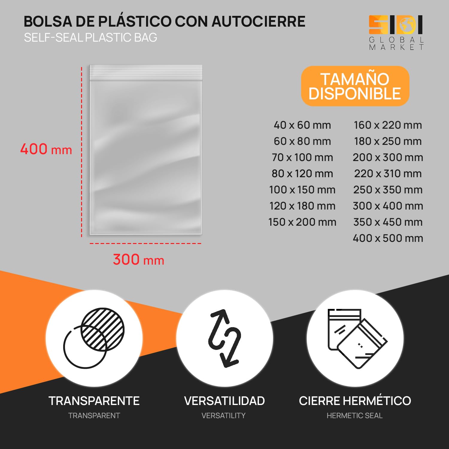 Bolsas de Plástico Transparente para Congelar Alimentos, Bolsitas con Autocierre para Cumpleaños, Regalo, Chuches, Viaje, Organizador, Envasar al Vacío, Porta Alimentos - SIDI (300x400mm, 500uds)