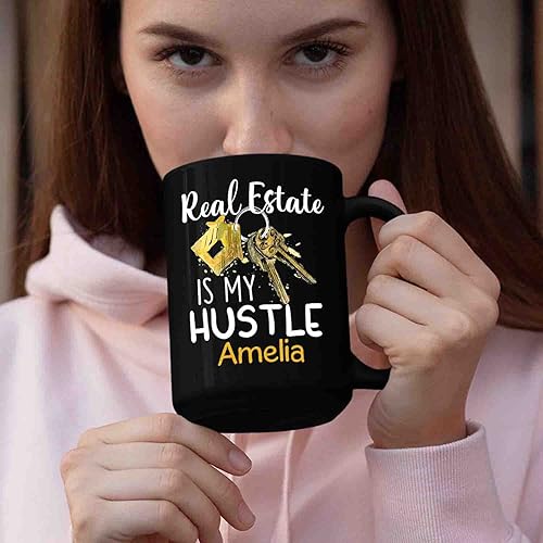 Miniatura 6 de Real Estate Is My Hustle Taza de café con nombre personalizado, taza de café de cerámica negra personalizada de 11 onzas y 15 onzas, taza de café de