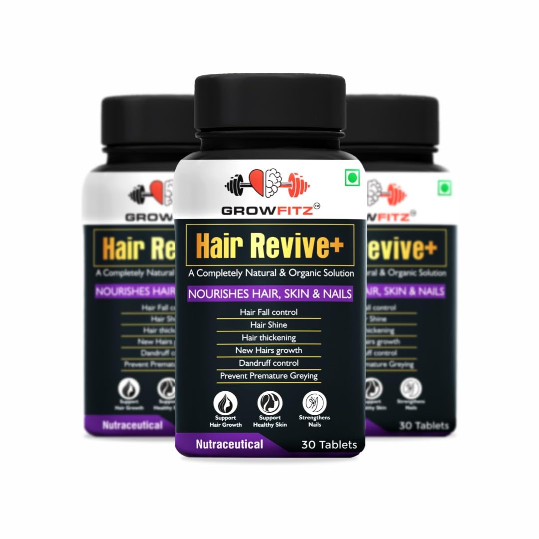 Growfitz Hair Revive+ | Ayurvedic & 100% Natural | Hair Growth, Skin, Nails | For Men & Women - 30 veg tablets (Pack of 3)-image-24