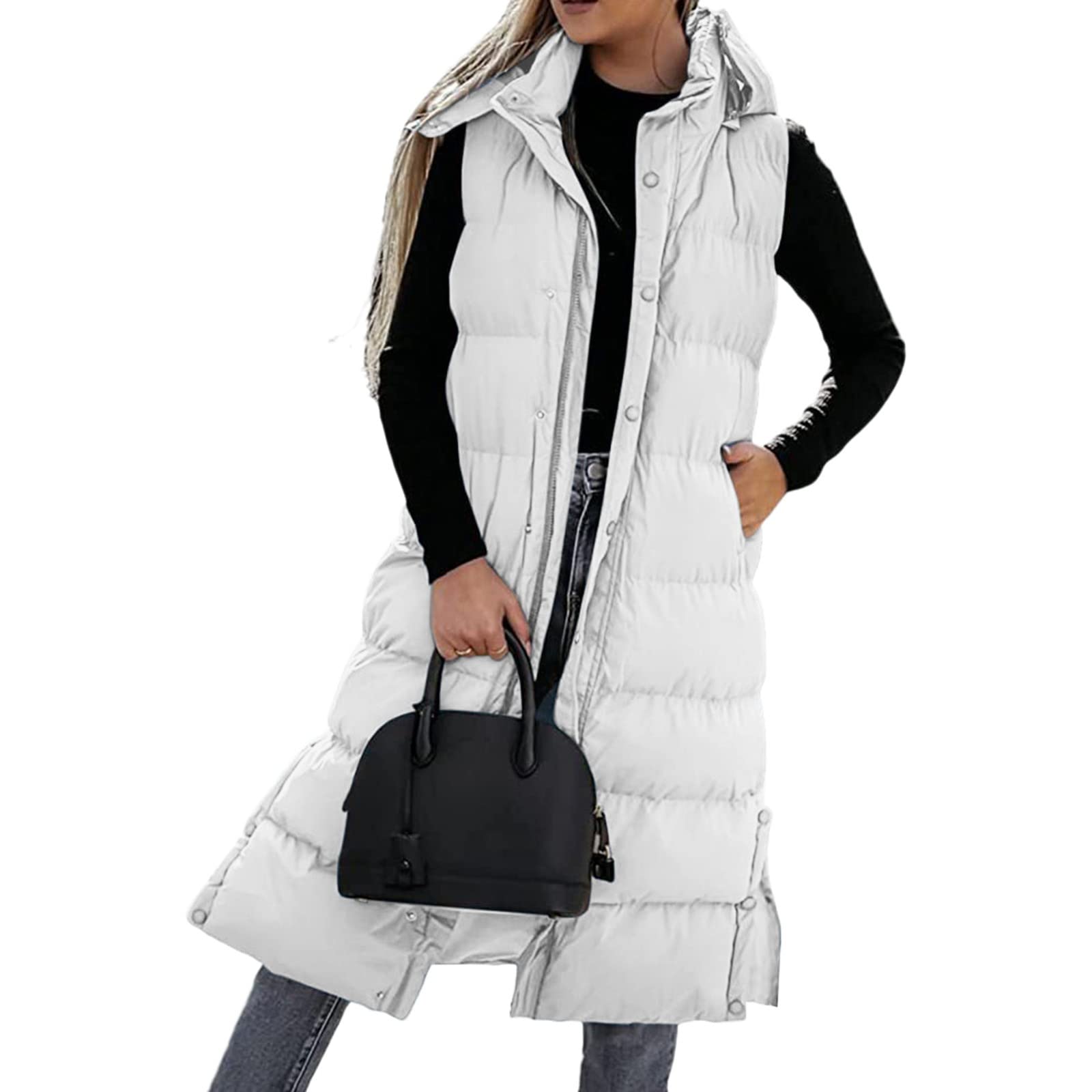 Gilet Femme Veste sans Manche avec Capuche, Doudoune Femme Legere Grande Taille Hiver Randonnée Blouson Zipé Doudoune sans Manche Poches Capuche Gilet Ultra Légère Veste Manteau Casual Gilets
