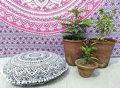 INDIAN CRAFT CASTLE 24\" Grey Ombre Mandala Barmeri Large Floor Pillow Cover Cushion Meditation Seating Ottoman Throw Cover Hippie Decorative Zipped Bohemian Pouf Ottoman Pom Pom Cases 24\" Round