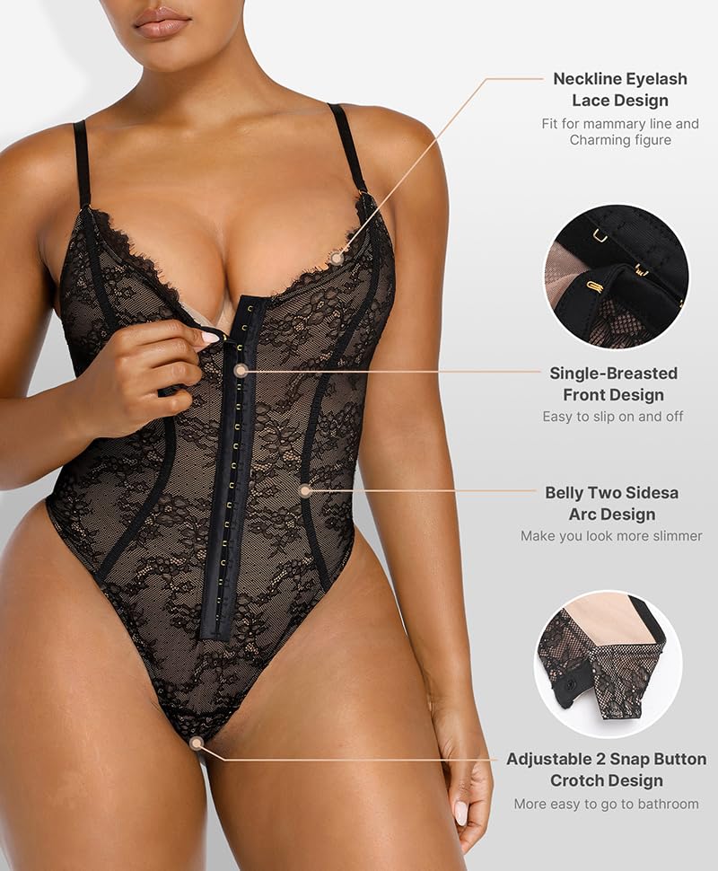 SHAPELLX Lace Bodysuit for Women Tummy Control Shapewear Backless Body Suits One Piece Body Shaper Thongs3