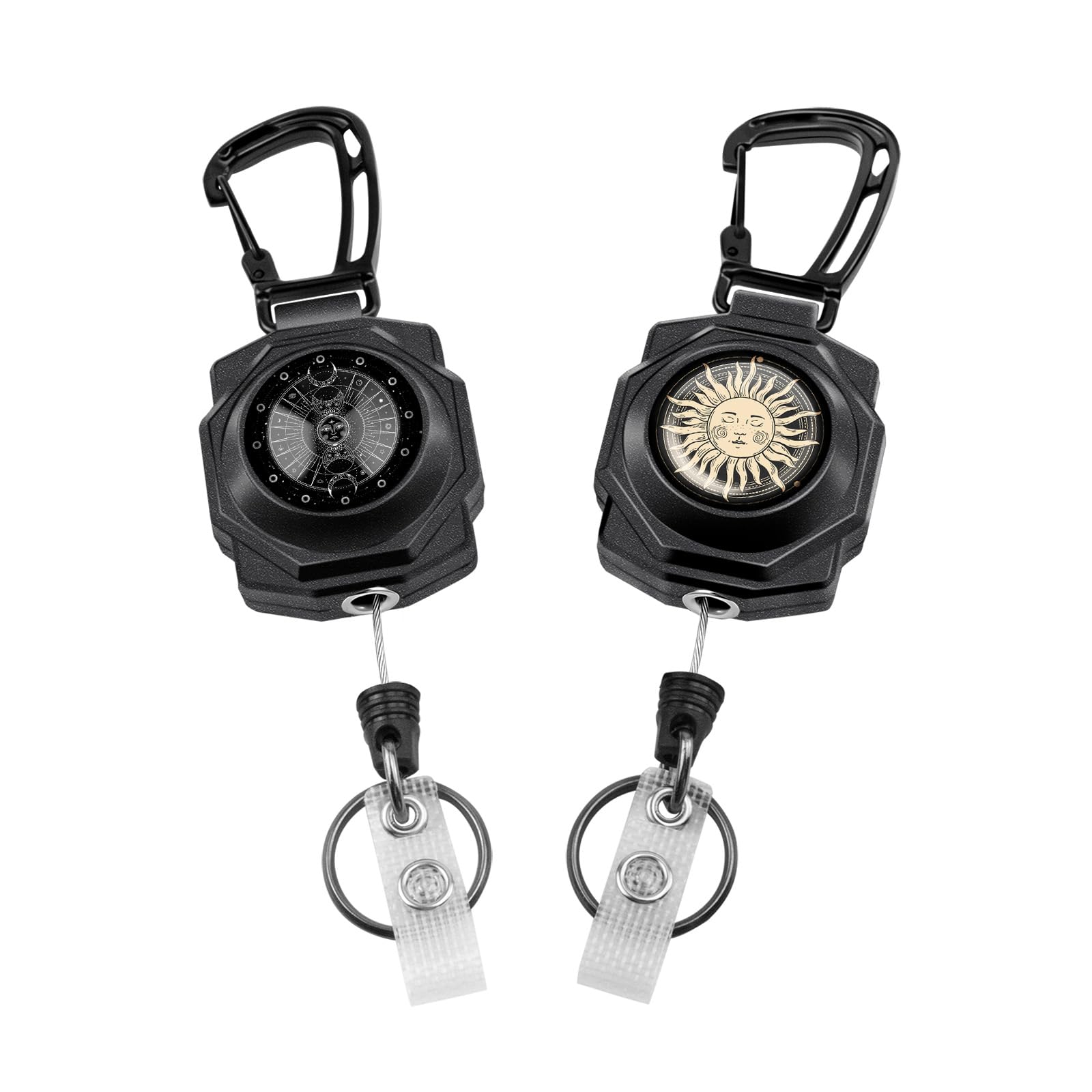 Bolimoss Heavy Duty Retractable Keychain with Carabiner Key Ring, 2 Pack ID Badge Reel, Badge Holder with 32' Steel Cord, 10 oz (Sun and Moon)