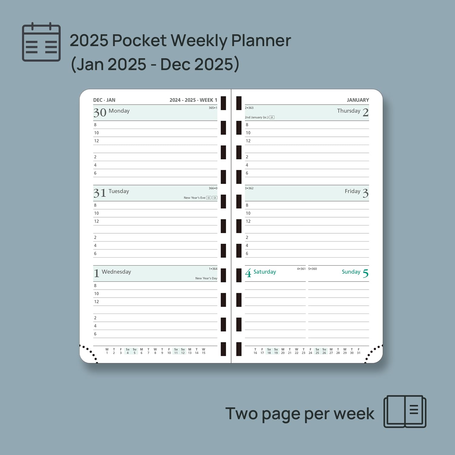 POPRUN Pocket Diary 2025 Week to View Slim (16.5×9 cm) Soft Cover ...