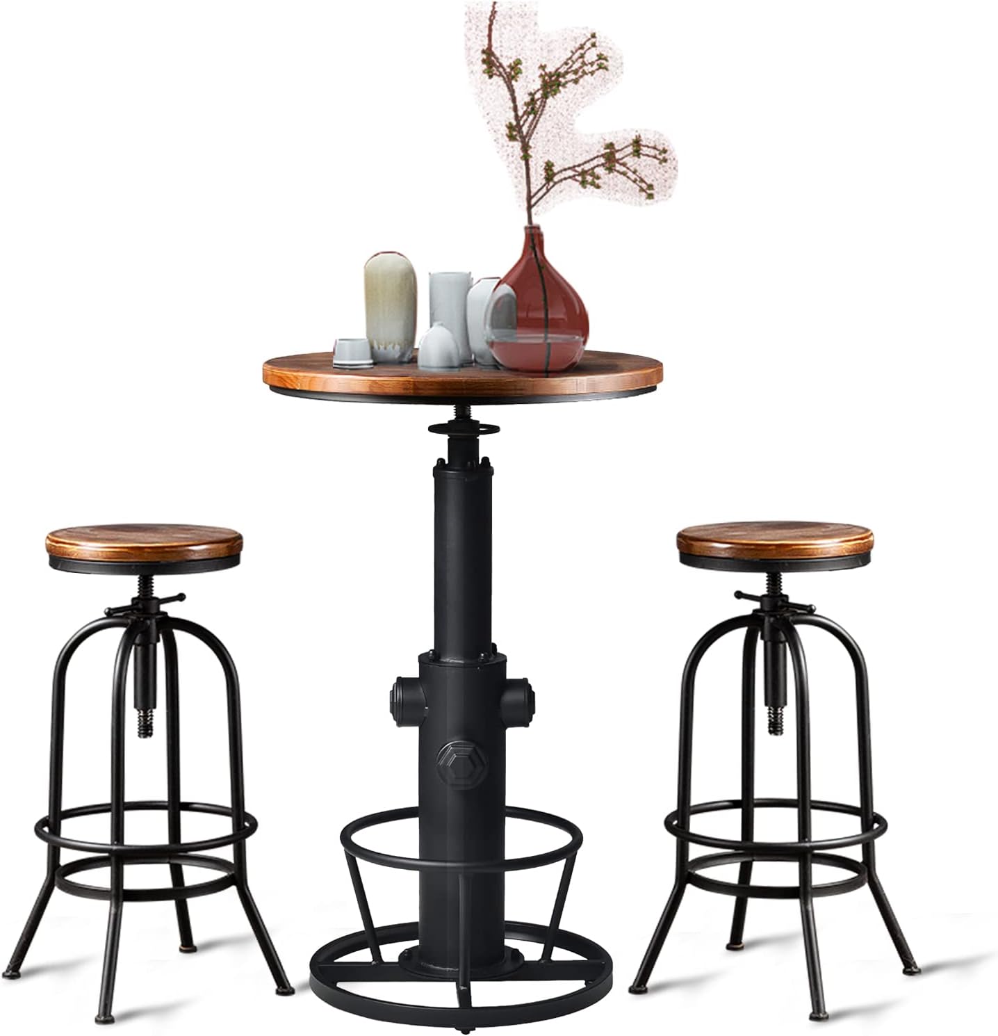 3-Piece Bar Height Table & Stools Sets for Cocktail Bistro Home Pub Party, Weld Metal Legs Round Wood Top, Rustic Brown Industrial Black Adjustable Swivel (1×38.6"-48.4" Table, 2×26"-32" Stool)