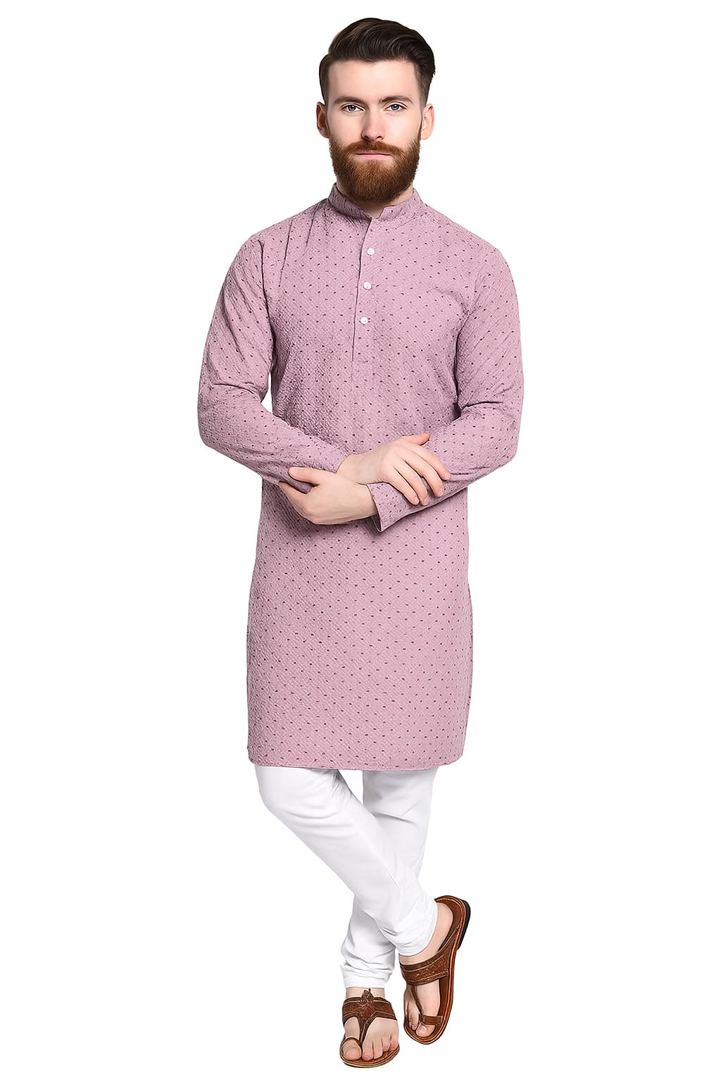 Divine Belief Men’s Kurta Pajama Set – Cotton Chikankari Embroidered Indian Ethnic Wear with Sequins – Traditional Outfit for Wedding, Festival & Party Lavender