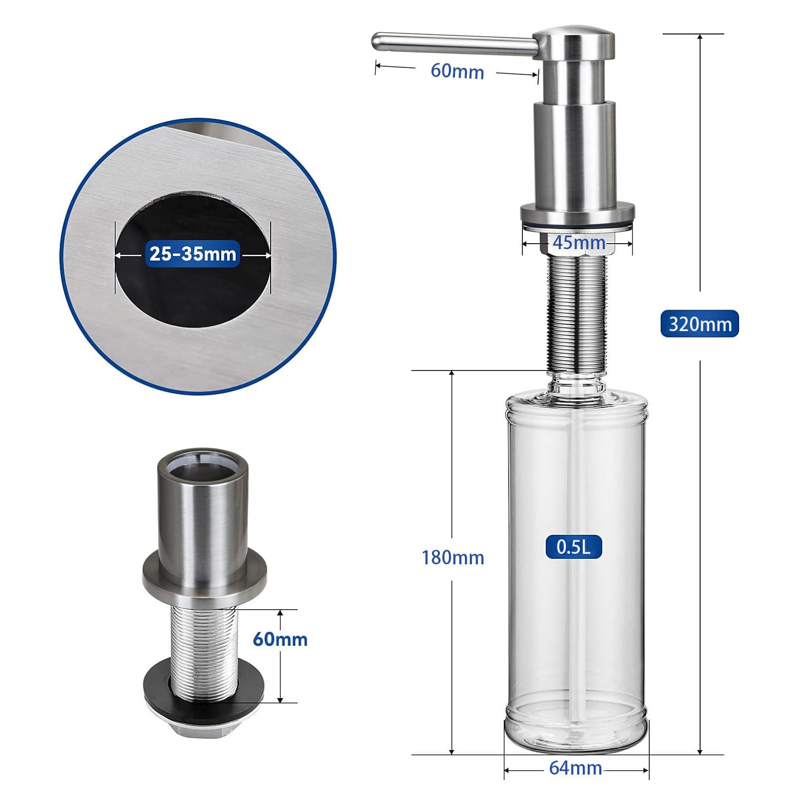 Nero,Dispenser di Sapone da Incasso per Lavello Cucina, in Ottone, con Tubo da 120 Cm E Flacone Capiente da 500 Ml (Ricaricabile Dall'alto)