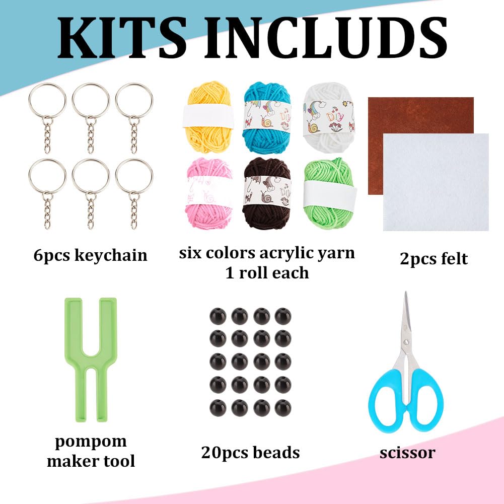 WEBEEDY 6 Set Yarn Pom Pom Keychain Kit Cute Animal Fluff Ball Weave DIY Wool Yarn Knitting Craft Project with Yarn Maker Tool Instruction for Backpack Purse Bag Keys Accessories Christmas Gifts
