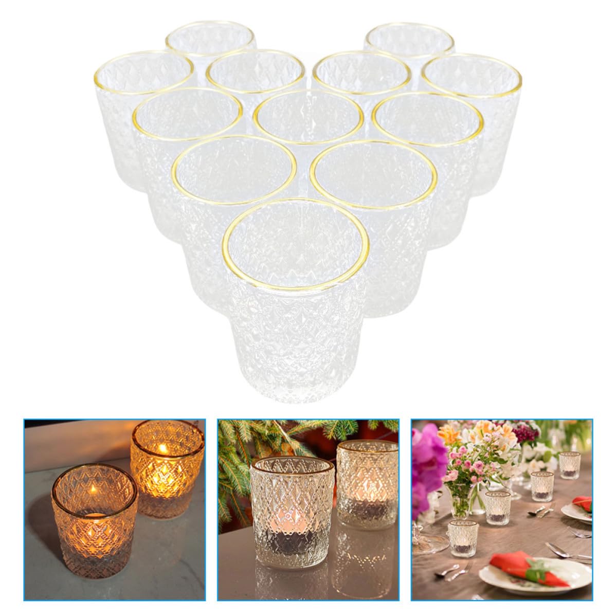 12 Stück Teelichthalter aus Glas für Tisch und Hochzeit Deko | Transparent Goldrandig, Reliefartige Oberfläche, Selbstgemacht Kerzenbecher