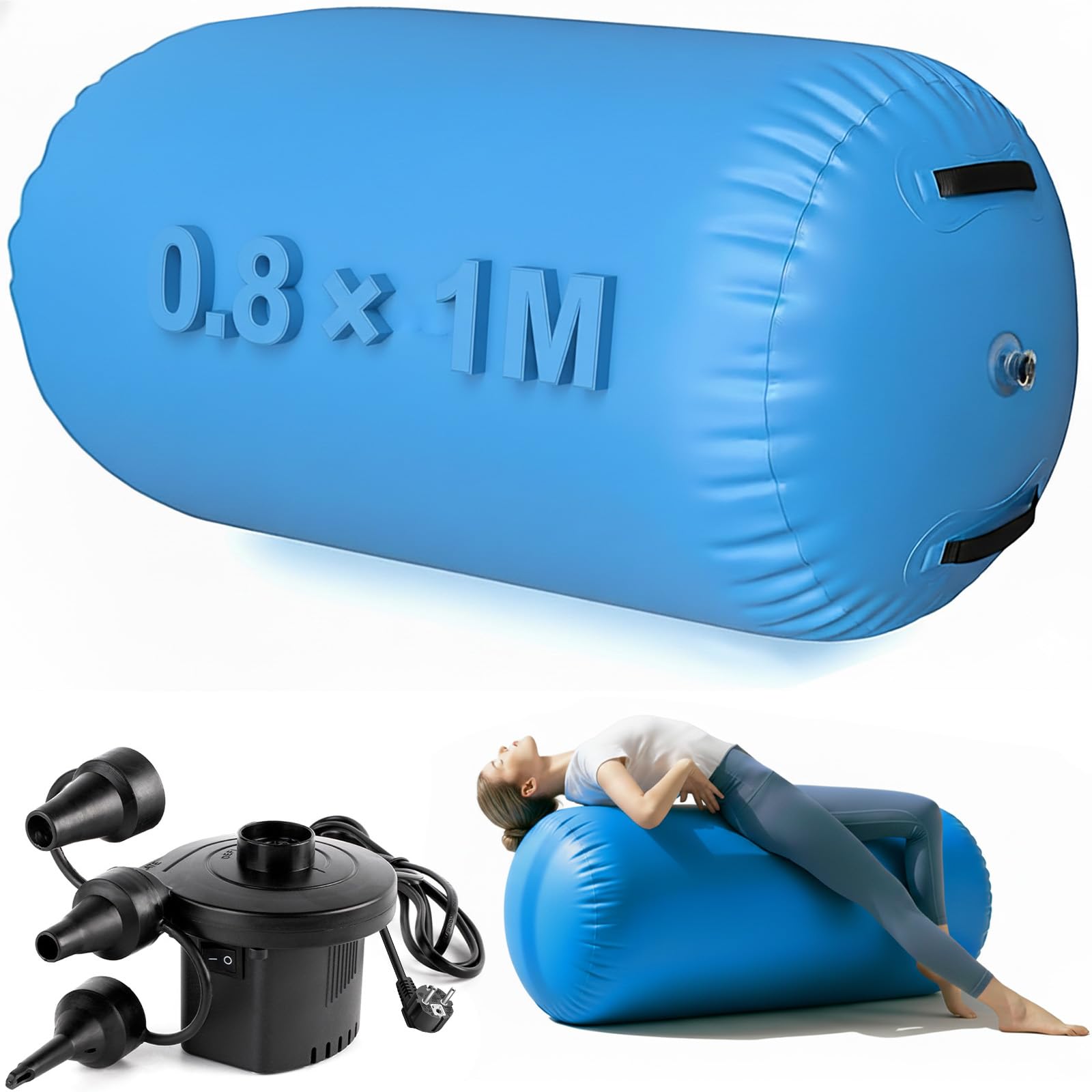Rouleau de gymnastique gonflable de 0,8 x 1 m avec pompe, tapis de culbutage gonflable pour entraînement à domicile, culbute, yoga et pratique du backflip, tapis de culbute acrobatique étanche pour la