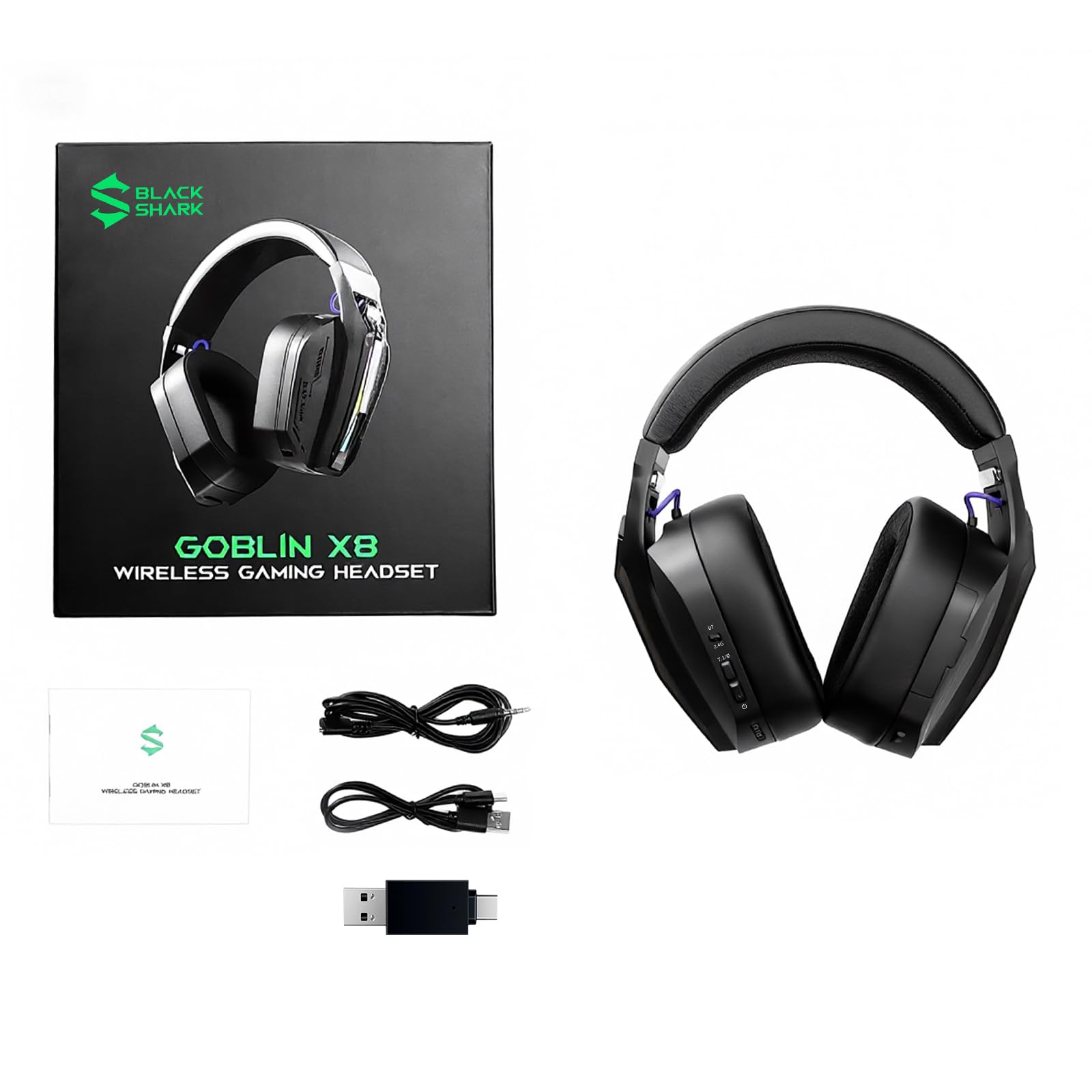 Black Shark Cuffie da Gioco Wireless, Cuffie da Gioco Bluetooth 6.0 con Connettore USB E Type-C, Audio Surround 7.1 per Pc, Ps5, Ps4, Microfono con Cancellazione del Rumore, Goblin X8 (Nero)