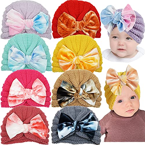 CellElection 8 Pack Baby Girls Hats Warm Knitted Baby Hats Sweet Cozy Baby Turban Velvet Bows Winter Baby Infant Beanies for Toddler Infants Baby Girls 0-4 Years Old