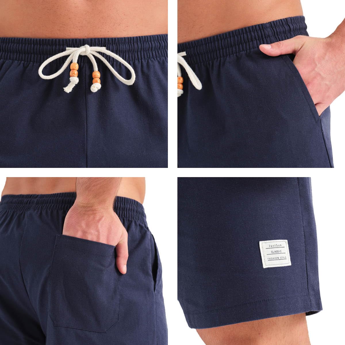 JustSun Kurze Hosen Herren Leinenhose Shorts Leinen Sommer Freizeithose Leicht Atmungsaktiv mit Tunnelzug