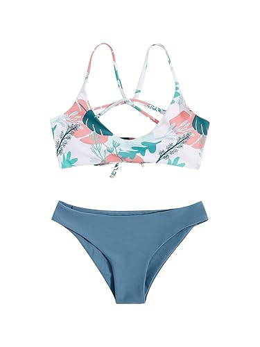 SweatyRocks Women's Sexy Bathing Suit Floral Print Cross Back Bikini Set Swimsuits - Small - Dusty Blue Multi