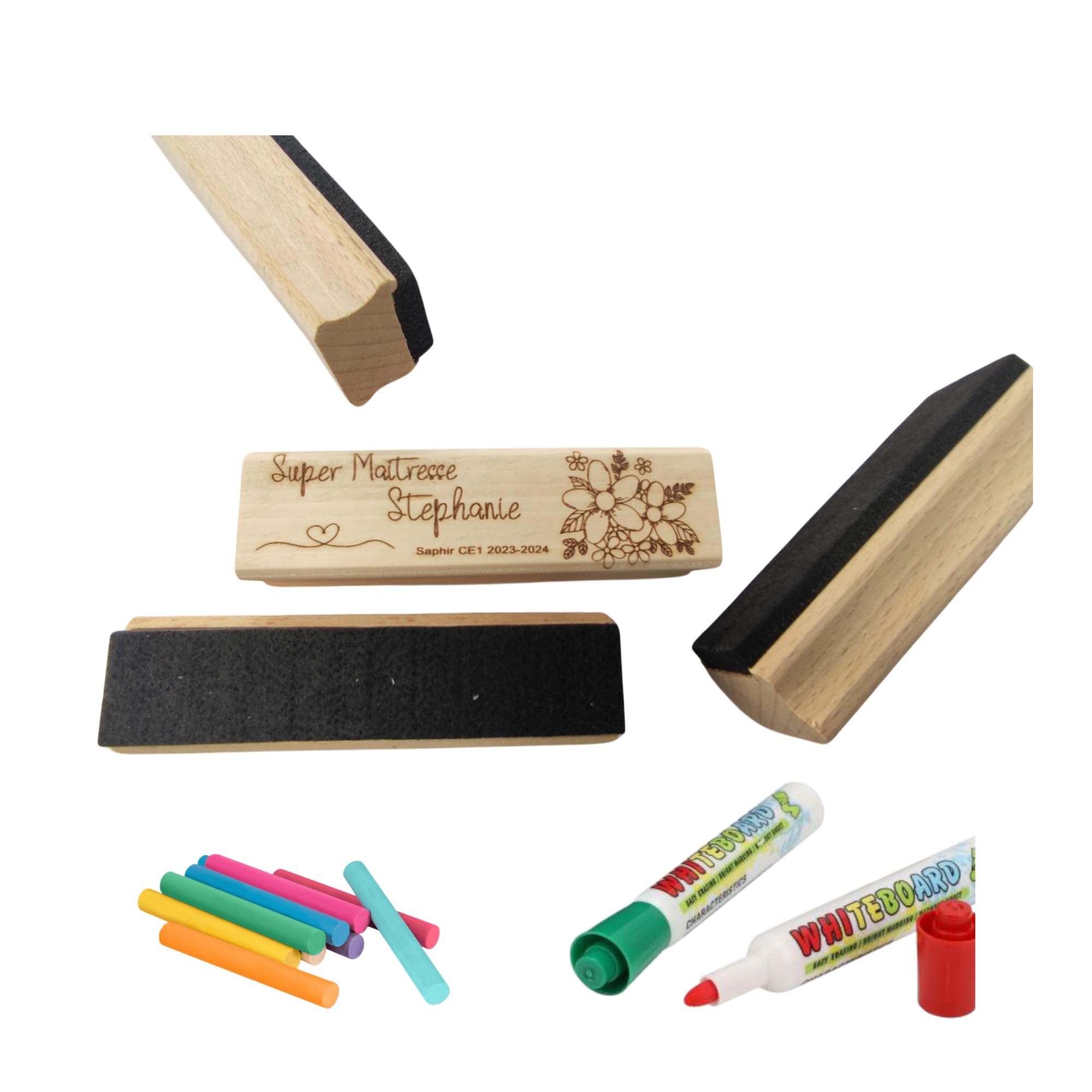 Brosse tableau personnalisée maîtresse gravée prénom fabrication artisanale France 9 modèles choix coeur lacet fleur