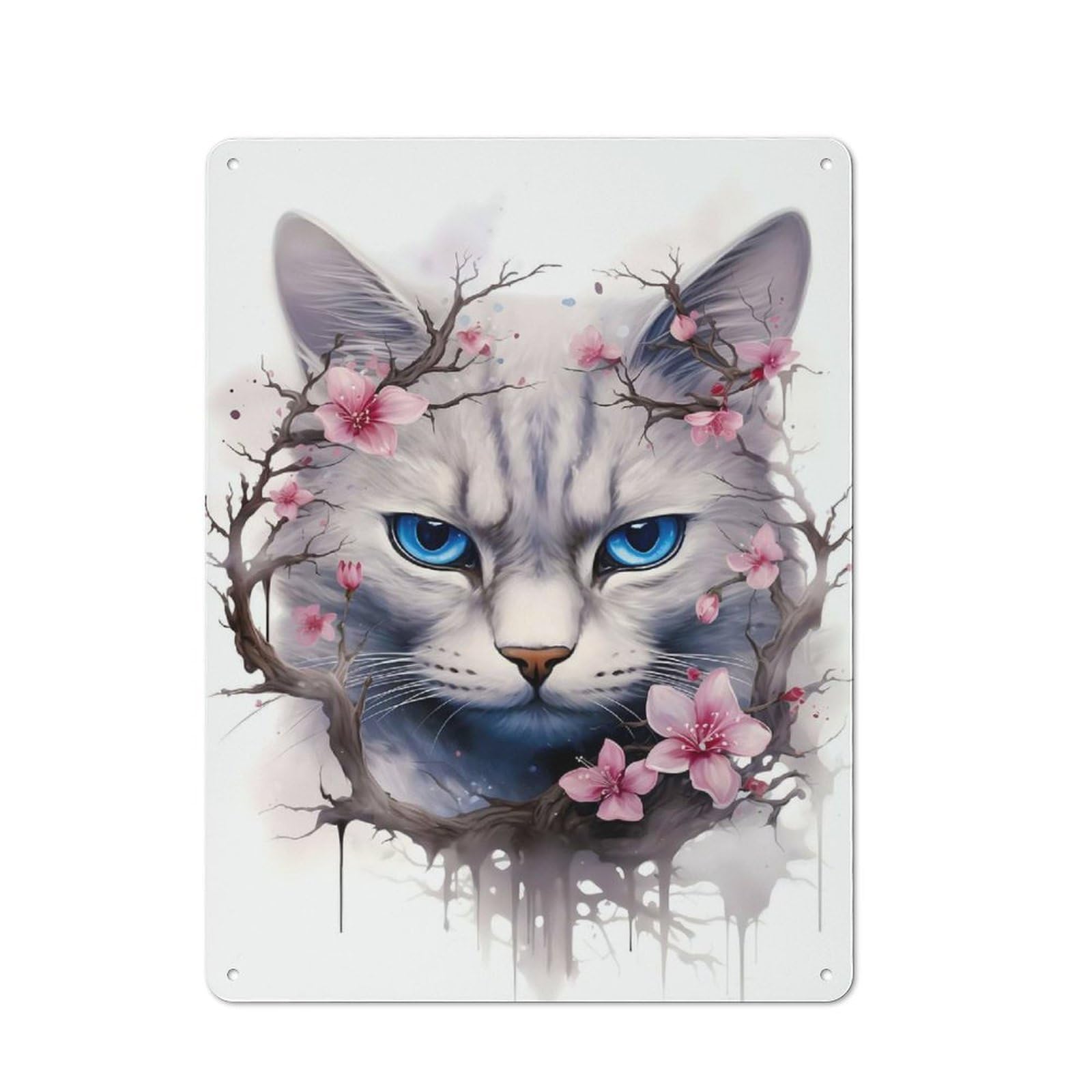 Tin Wall Sign with Cherry Blossom Gray Cat Design 40x30cm, Classic Kitchen Wall Decor for Restaurant, Kitchen, Counter Or Breakfast Nook