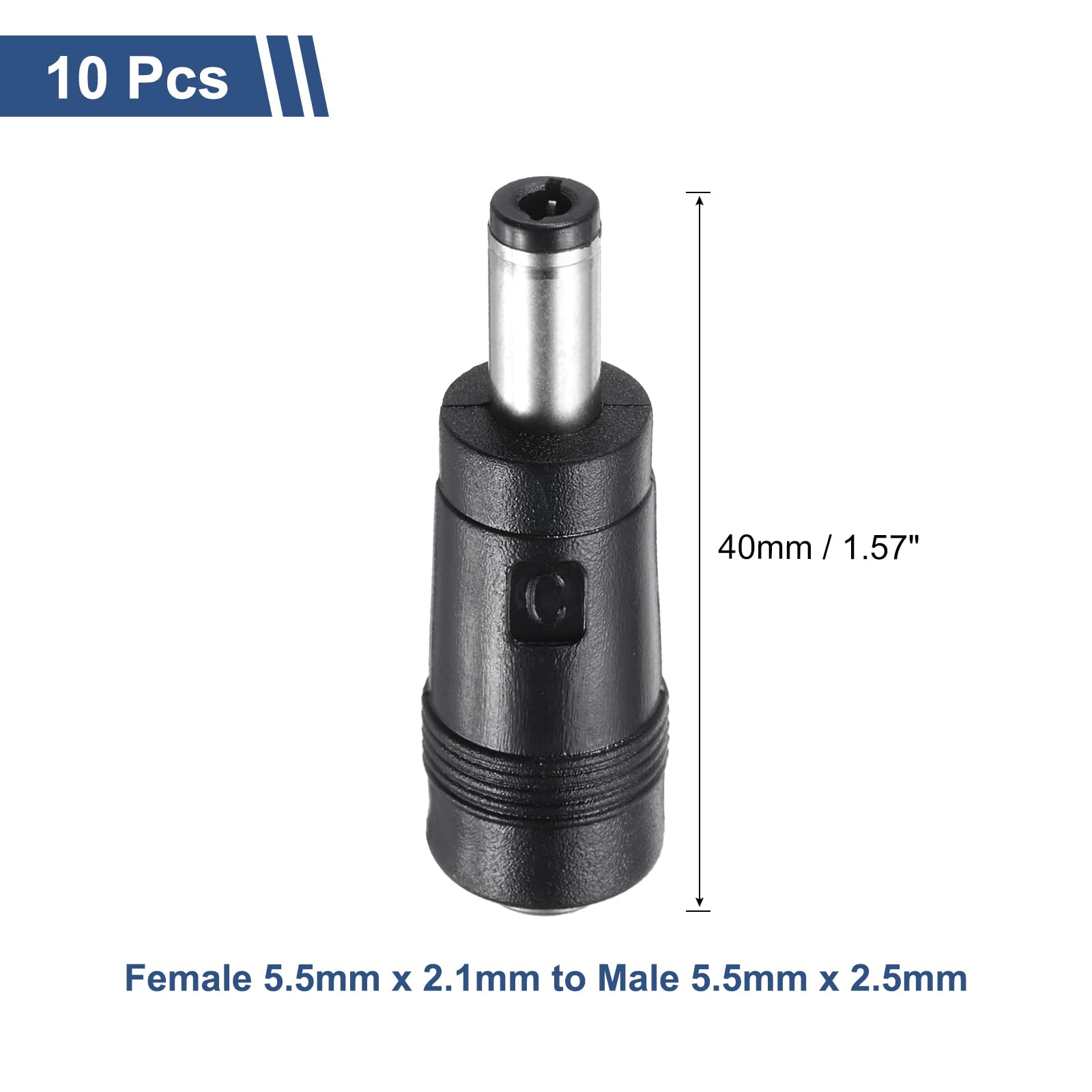 QUARKZMAN 10 Pz Adattatore di Alimentazione DC, Femmina Dritta 5.5mm x 2.1mm a Maschio 5.5mm x 2.5mm Suggerimenti per la Spina Nera con Filo da 1.57 Pollici di Alimentazione Esterna